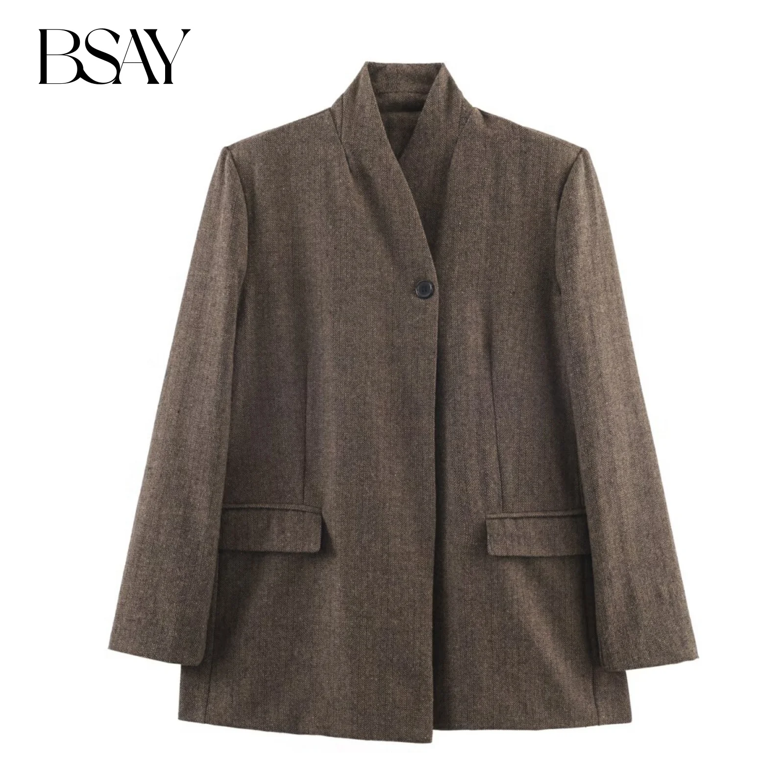 

BSAY Blend Blazers for Women Fashion Autumn Winter New Long Sleeve Single Button Stand Collar Suits Jacket Chic Female Suit Coat