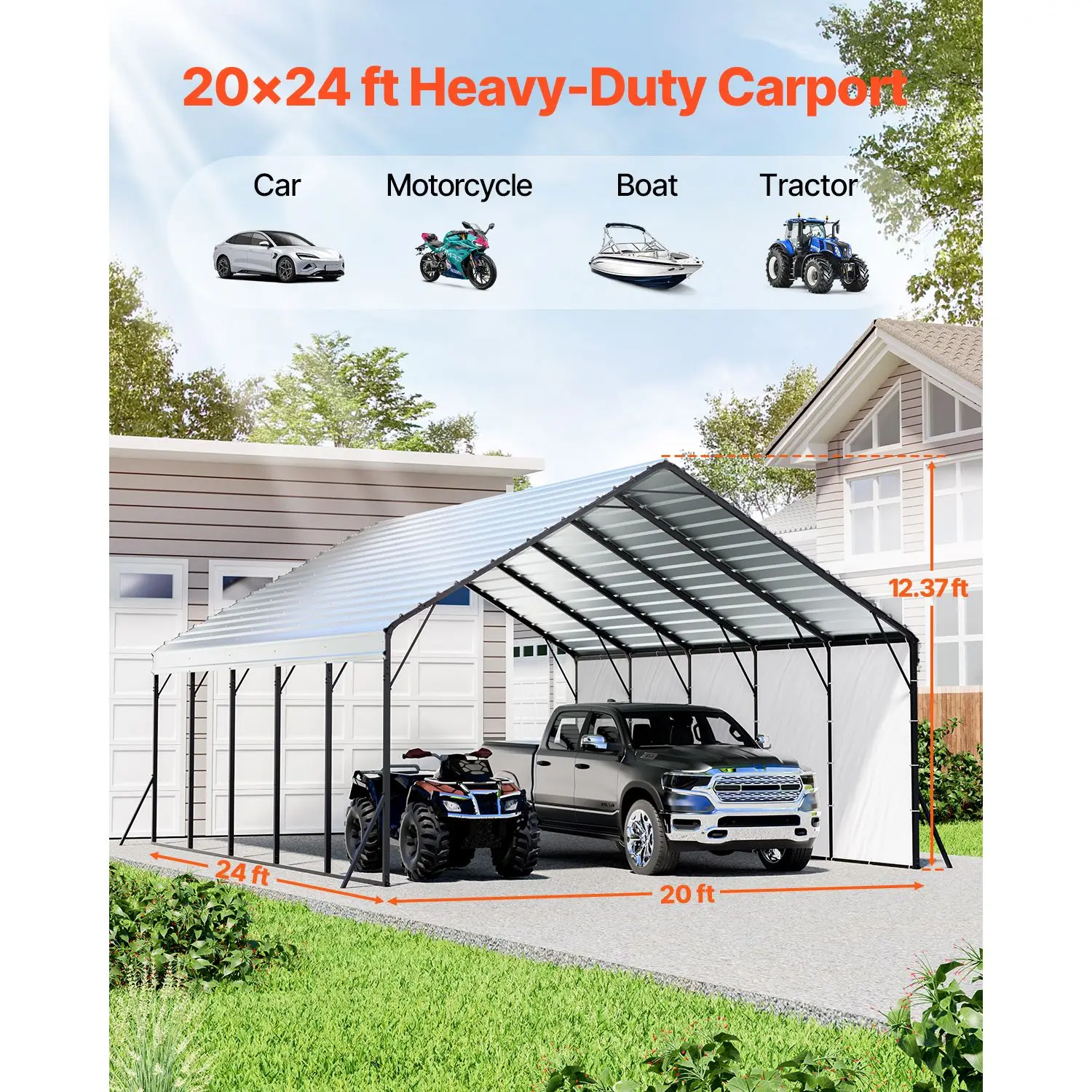 Heavy Duty Metal Carport, 20 X 24 Ft Outdoor Carport with Sturdy Frame & Roof, Car Garage Shade with Removable Sidewalls