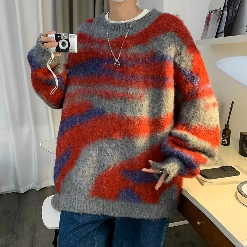 

Men's Oversized 250 Pou adient Striped Knitwear Autumn Winter Lazy Sle American Retro High-End Feeling Long Sve Top