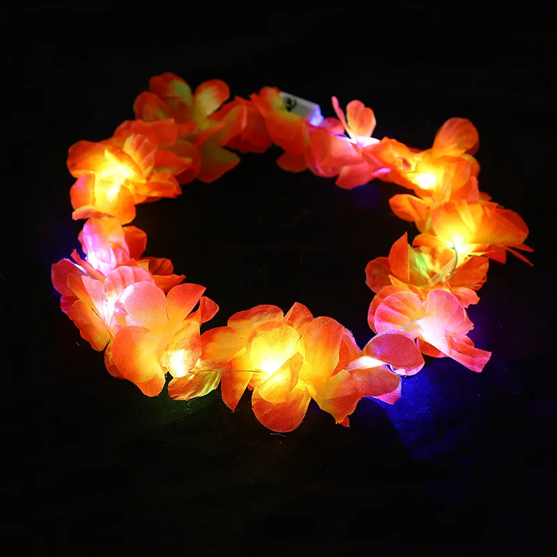 10pcs LED Hawaiian Lei Floral Headband Light Up Flower Crown Glow Wreath Headband Summer Beach Pool Wedding Party Decorations