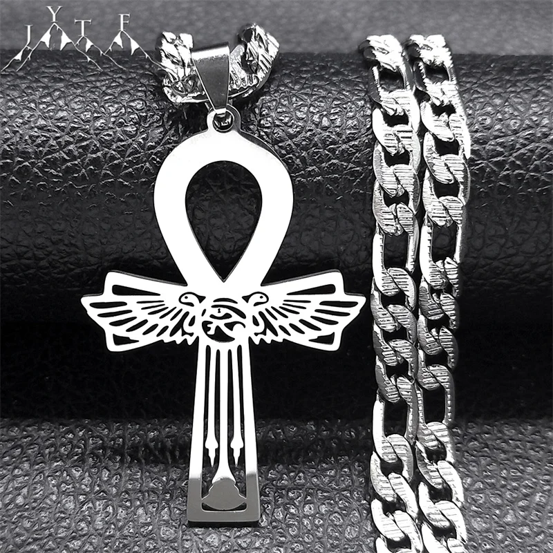 عنخ المصري الصليب عين حورس أجنحة الأفعى قلادة الرجال الفولاذ المقاوم للصدأ مفتاح الحياة الكوبية سلسلة القلائد مجوهرات N9730S05 #3