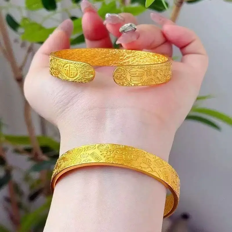 24k Gold 9999 Engraved Auspicious Words And Eight Treasures Lotus Open Bangle, Fortune-Bringing Jewelry, Gift For Girlfriend