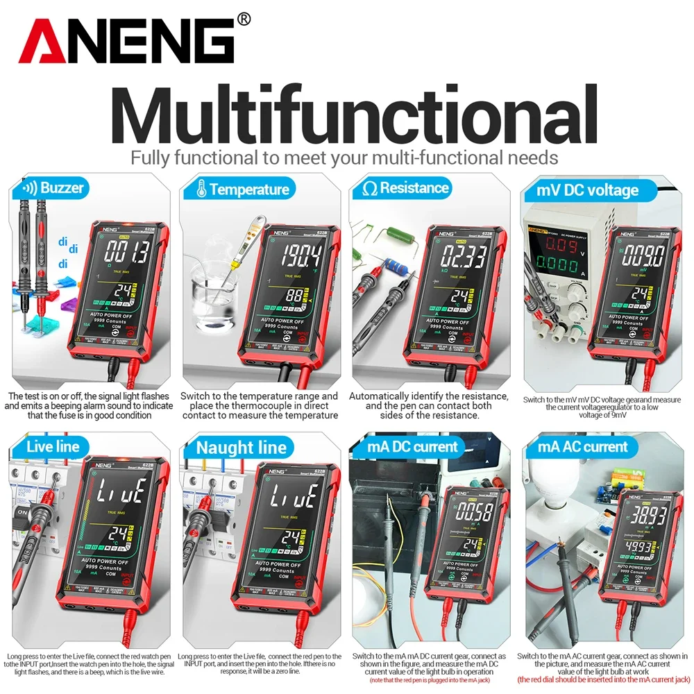 ANENG 622B Multimeter 9999 Count Smart Professional AC/DC Voltage Meter Current Tester True RMS Screen Temp Diode Ohm Tester