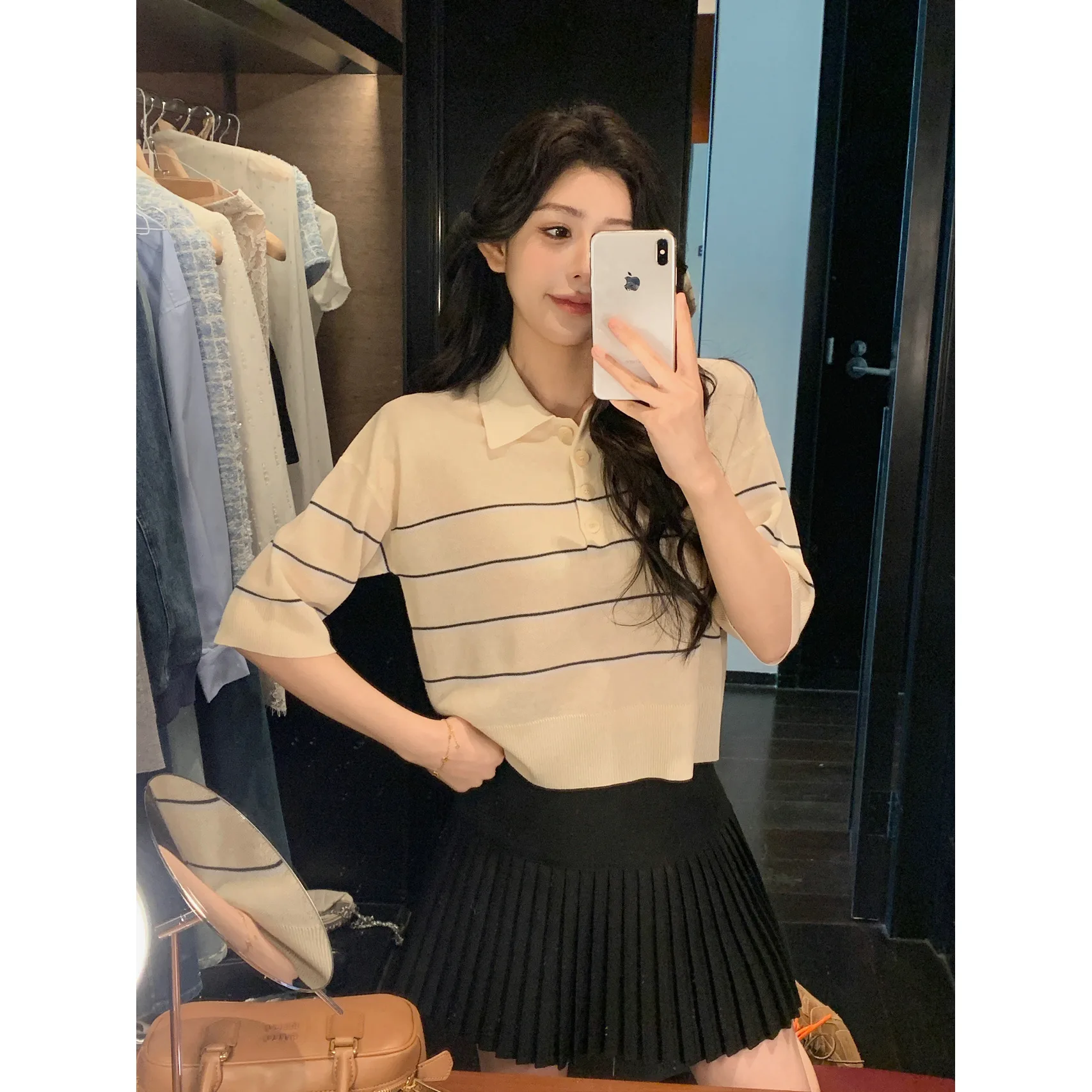 

Striped Short Knitted Sweater POLO Collar Simple and Versatile Short-sleeved Top for Women 2025 Spring and Summer New Style