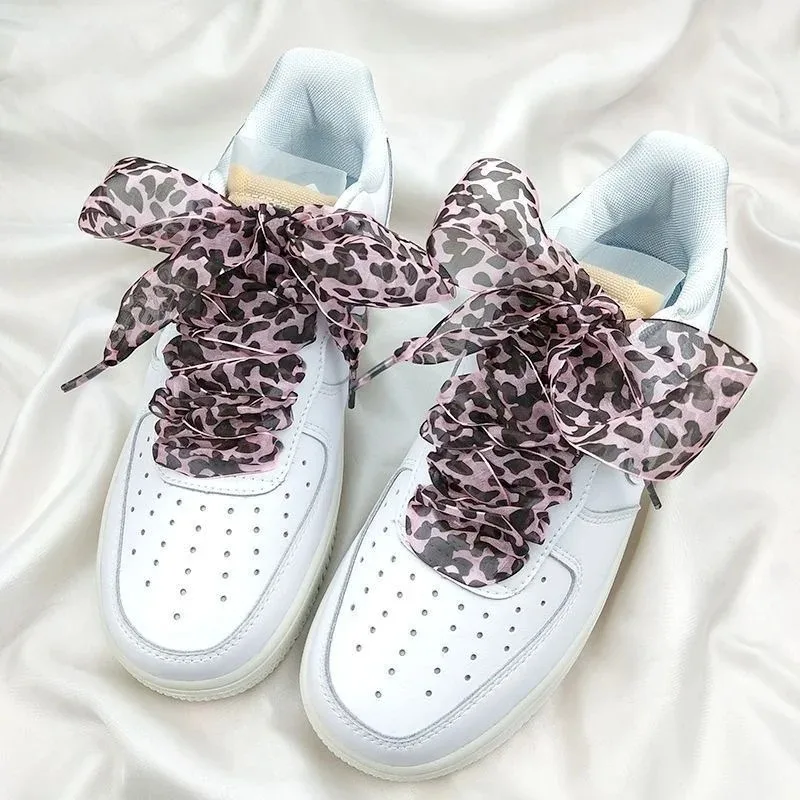 4cm Wide Leopard Print Organza Chiffon Shoelaces 140CM Bow Decor Shoe Strings for Canvas Sneakers White Shoes