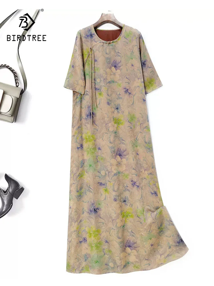 

BirdTree, 32MM Silk Watered Gauze Elegant Dresses, Women Short Sleeve Jacquard, Loose Retro Dress, 2024 Summer Fall D471111QC
