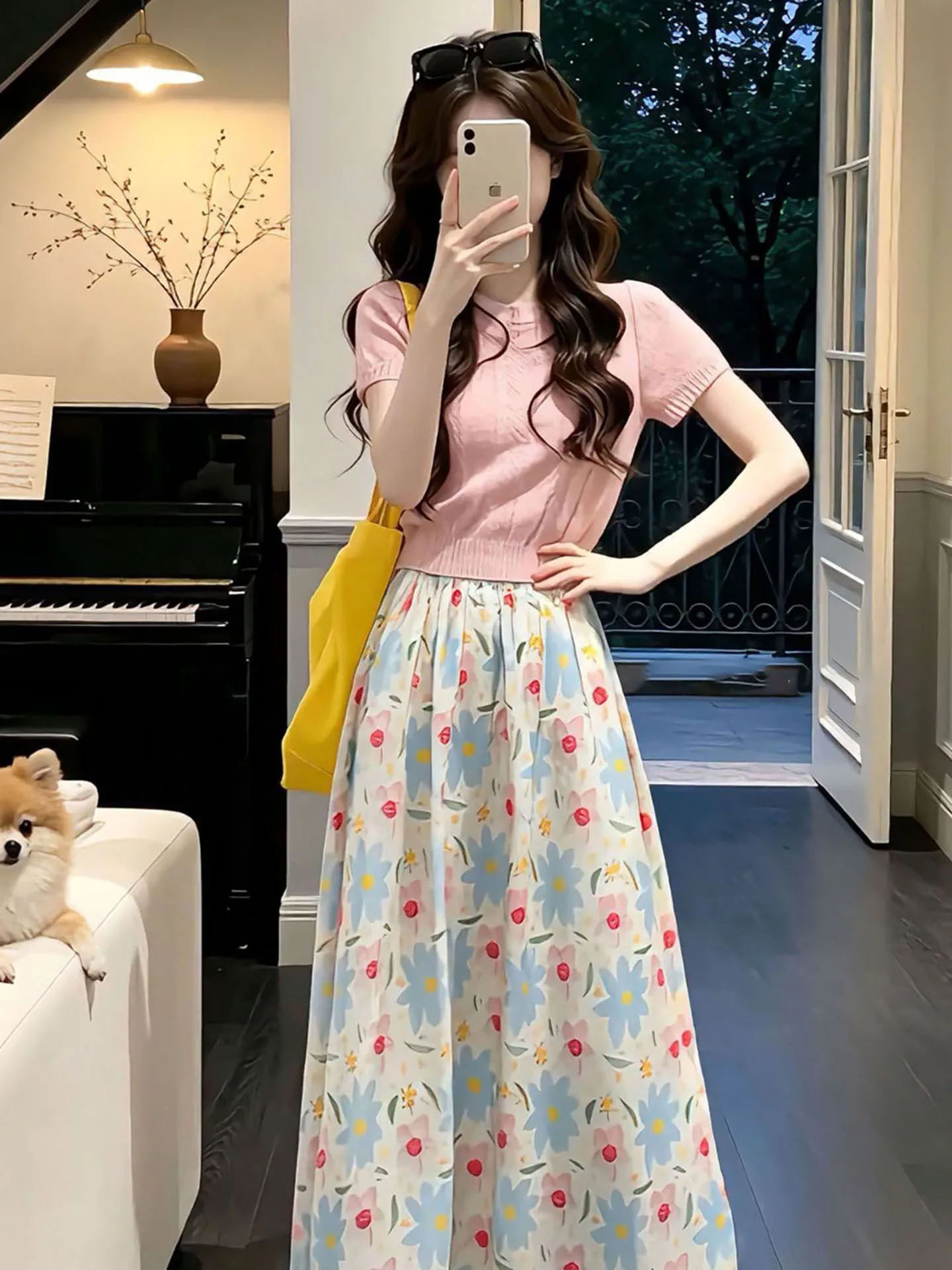 

Summer Pink Short Sleeve Top And Floral Print Skirt Set Women's Fashion Casual Wear round Neck Zipper Closure Sun Protection