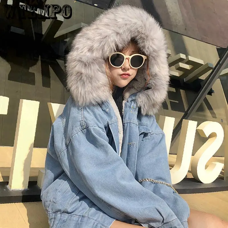 WTEMPO Women's Long Sleeve Fur Hood Padded Denim Jacket Fleece Lined Coat Loose Heavy Winter Hoody Outwear with Sherpa Lining