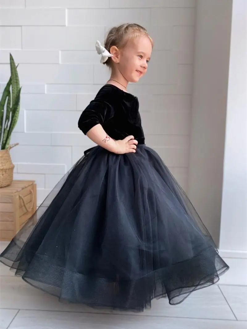 Schwarz Tutu Blume Mädchen Kleider Flanell EINE Linie Organza Bodenlangen Boho Halbarm Erste Kommunikation Kleid