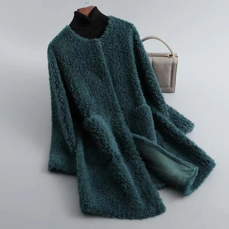 Autumn Winter New Women's Mid Length Faux Fur Coat Round Neck Long Sleeve Elegant Trendy Loose Warm Casual Daily Wear Outerwear