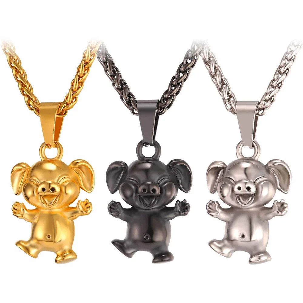 Cute Pig Pendant Necklace Women Men Jewelry with Stainless Steel Chains Fashion Animal  Lucky Charms Birthday Gifts for Friends