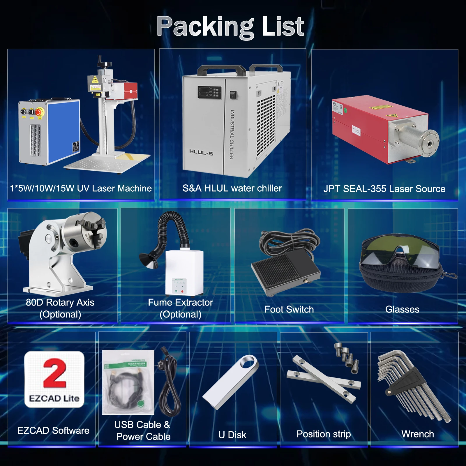 [مخزون الاتحاد الأوروبي/الولايات المتحدة] آلة الوسم بالليزر JPT مع مبرد HL Lightburn يدعم آلة النقش بالليزر للأشعة فوق البنفسجية للمعادن والأكريليك الخشبي