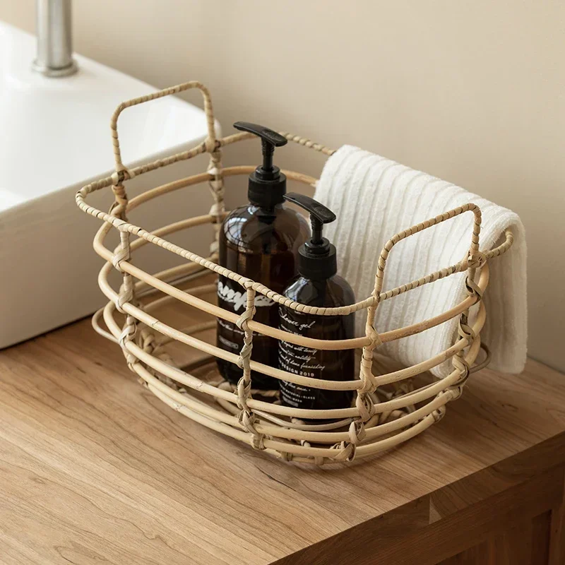 

Natural Rattan Laundry Basket Desktop Debris Storage Basket Hollow Breathable Organizer Boxes Bathroom For Cosmetics Storage