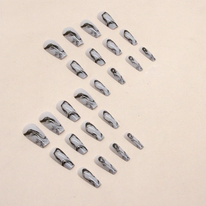 24 Stück mittellange Ballett-Nagelspitzen, schwarze Tinte, chinesischer Stil, Nagelkunst, Herbst, quadratisch, künstliche Nägel, wiederverwendbar, selbstklebend, zum Aufdrücken der Nägel