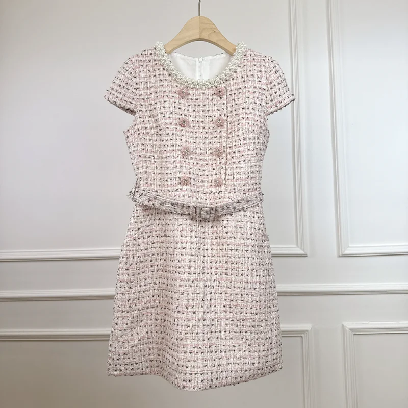 

Women French Pearl Diamond Luxury High-quality Dress with Belt Pink Plaid Sweet Vintage Tweed Small Fragrance Dress Female