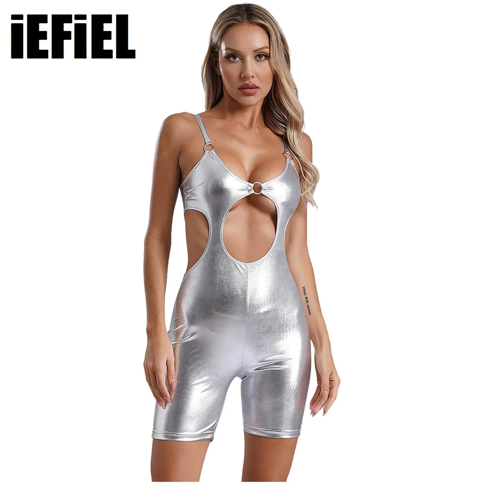 

Womens Shiny Metallic Bodysuit Sexy Romper O-ring Sleeveless Cutout Boyshorts Bottom One Piece Jumpsuit Clubwear