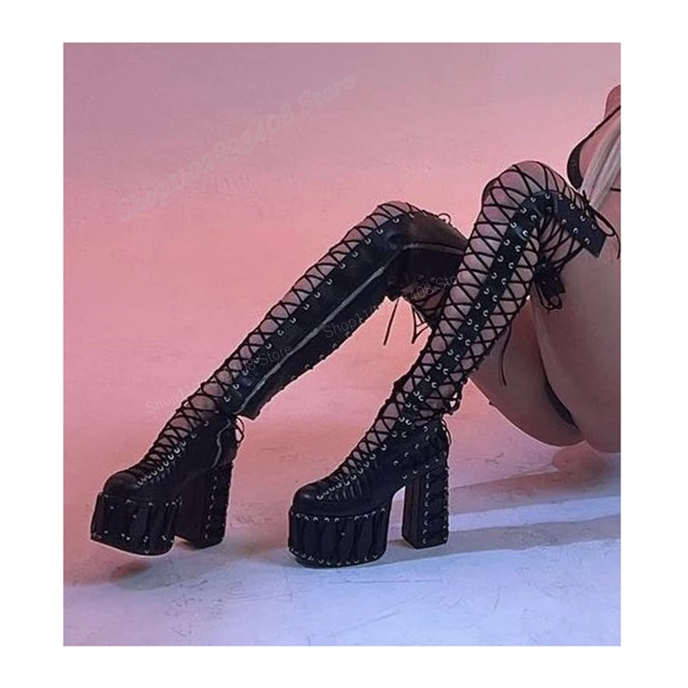 Black Sexy Hollow Decor Over the Knee Boots Thick Soled Platform Matte Leather Lace-up Women Shoes 2024 New Zapatos Para Mujere