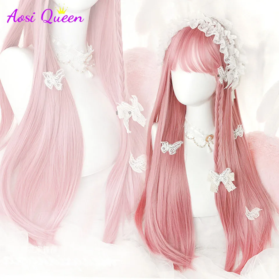 A0SI Cosplay Wig With Bangs Synthetic Straight Hair 24 Inch Long Heat-Resistant Pink Wig For Women