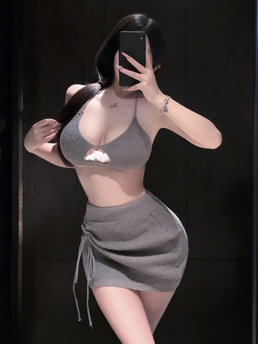 Sexy Hollow out Short Knitted Vest Neck Hanging Rope Slimming Half Skirt Two Piece Set Women's Fashion Spring Summer Autumn
