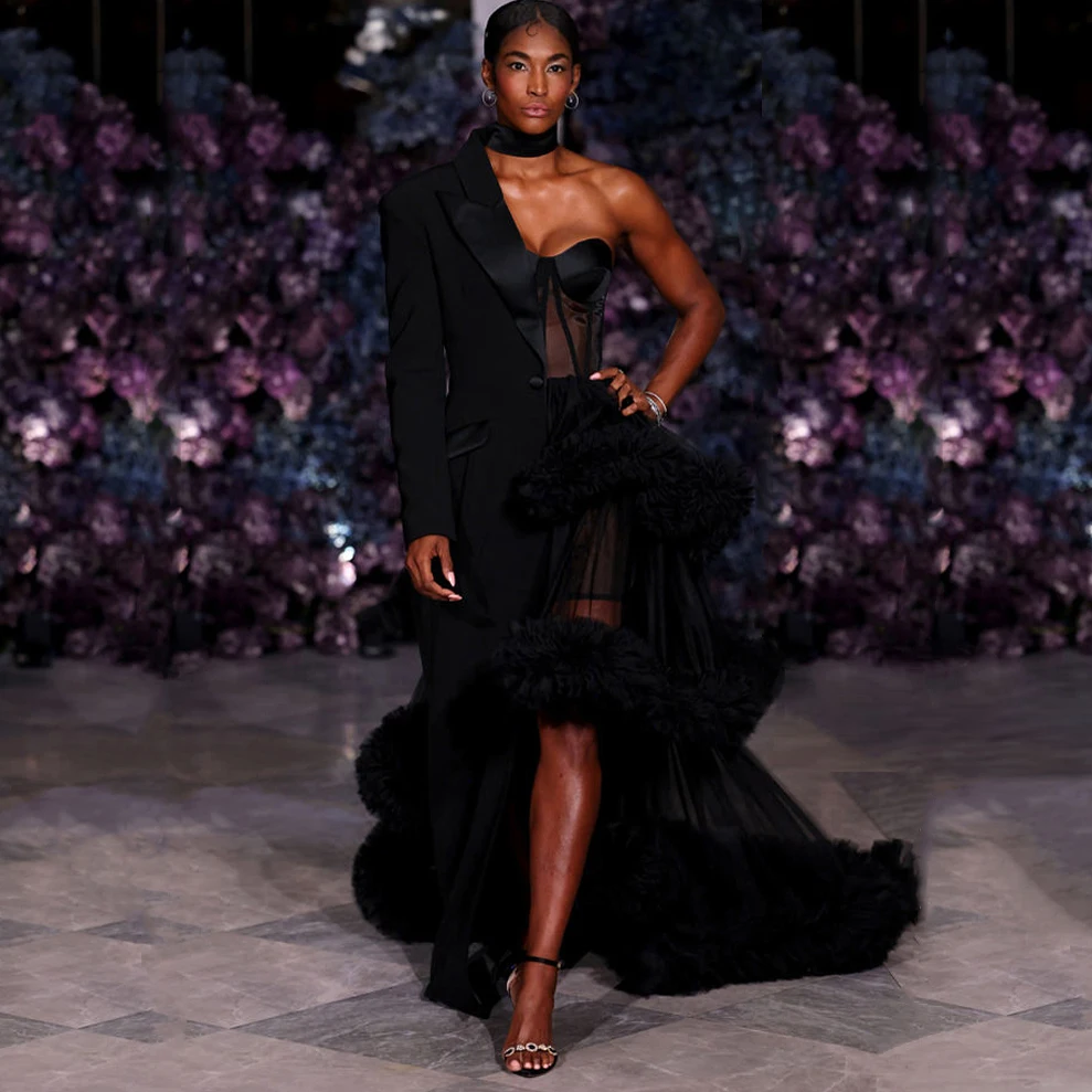 Spring 2024 Fashion Week Formal Tuxedo Gown Party Dresses Chic Women Black Outfits Asymmetrical Celebrity Dress Runway Gowns