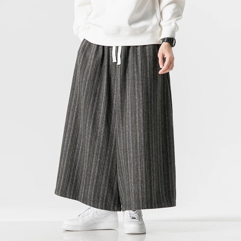 Japanese Autumn Winter Pants for Mens Warm Thicken Woolen Striped Casual Pants Culottes Extra Wide Wide Leg Pants Women