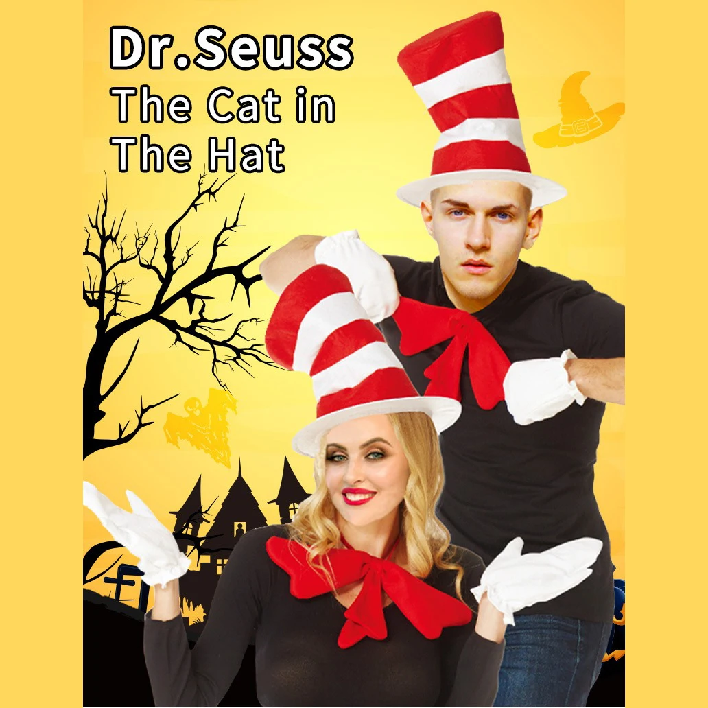 

Halloween Dr. Su's Birthday Party Hat Cosplay Costume Accessories Stage Props Red and White Striped High Hat Gloves Tie Set