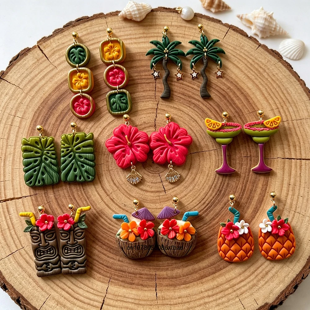 Summer Tropical Beach Polymer Clay Cutters Monstera Flower Coconut Water Cocktail Pottery Clay Earrings Jewelry Making Tools