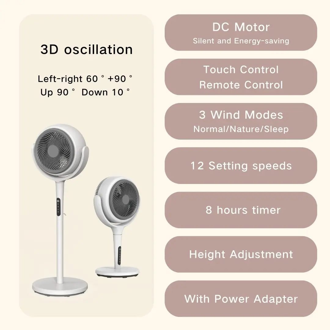 

8 Inches DC Air Circulator Fan 3D Oscillation Electric Pedestal Fan with Remote Control Timer Plastic Construction