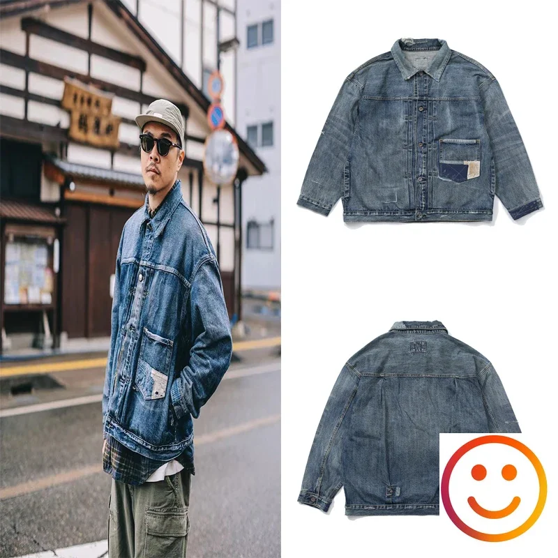 Best Quality Indigo Blue MADNESS Denim Jacket Splice Pockets Men Women Hole Damaged High Street MDNS Cowboy Jacket Japanese