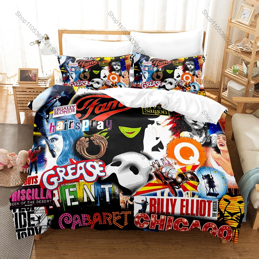Soft Microfiber Musical Stage Poster Collage Themed 3PCS Bedding 1 Duvet Cover + 2 Pillowcases All Season Use