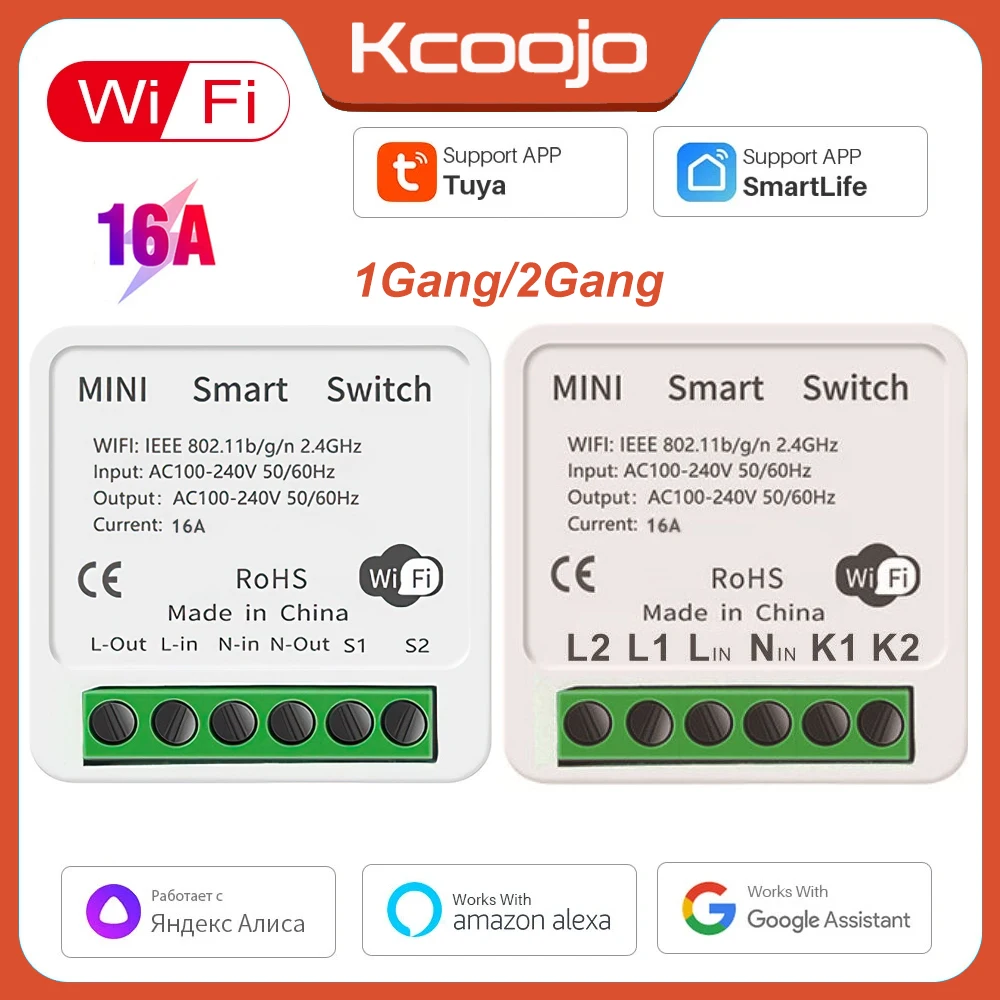 Tuya WIFI Mini Switch 16A Smart Switch 1gnag/2gang Module Support Two Way Control APP Control Work With Alexa Google Home Alice