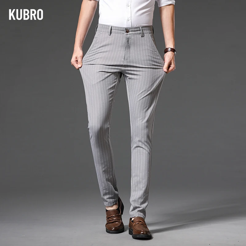 KUBRO-Calça reta masculina longa, calça elástica, marca clássica de negócios, listra inglesa, calça casual masculina de alta qualidade, nova moda