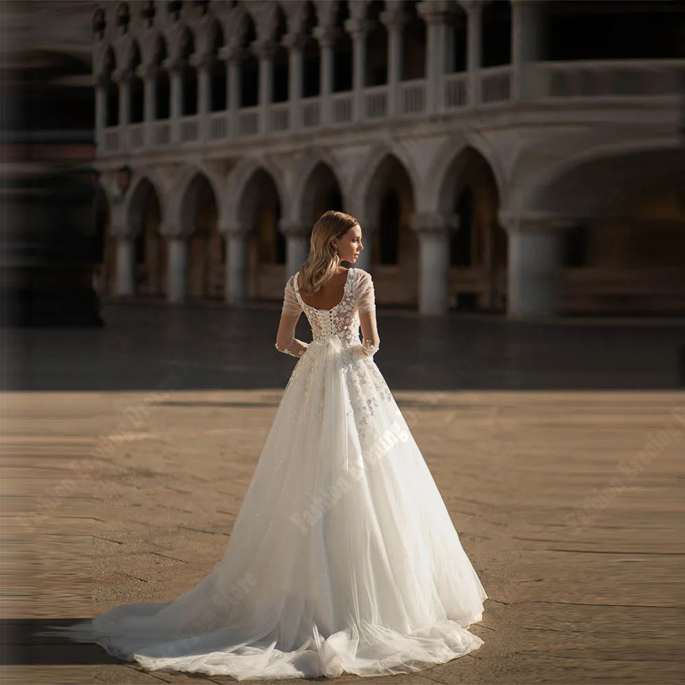 Elegante Witte Vrouwen Trouwjurken Kant Lange Mouwen Kanten Applique A-Lijn Bruidsjurken Op Maat Gemaakte Klassieke Vestidos De Noivas