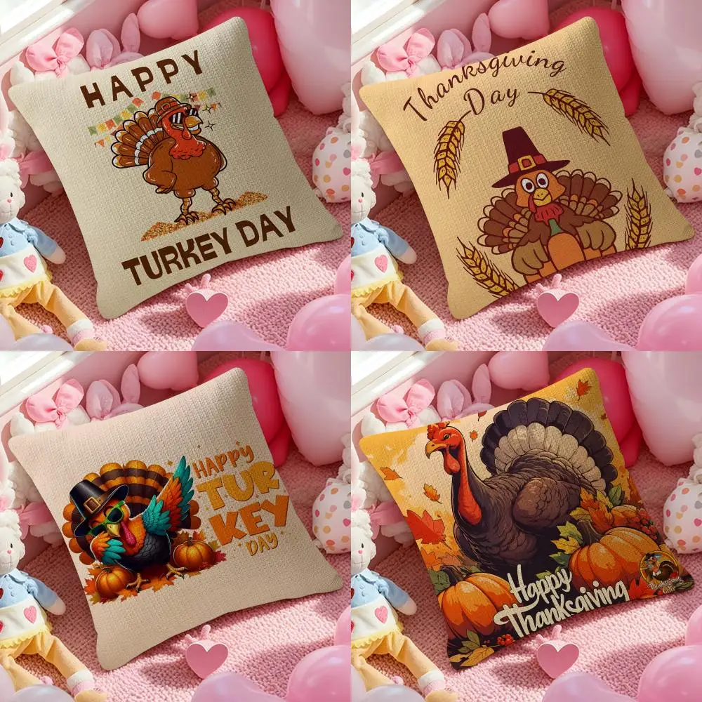 Cute Turkey Celebrate Thanksgiving Pillow Case Pattern Printed Pillowcase for Living Room Sofa Cushion Cover & Bedroom Decor