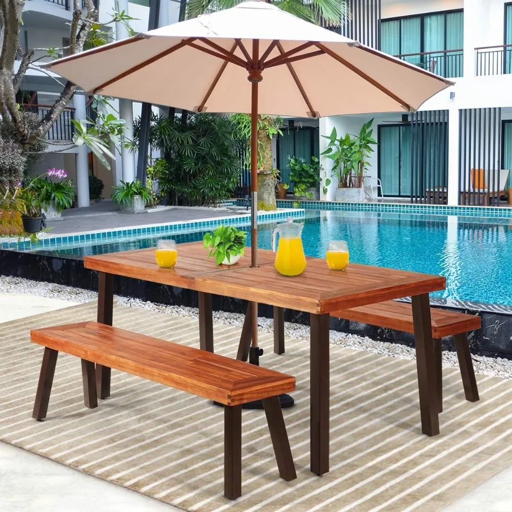 Patio Dining Table Set with 2 Benches, Outdoor Picnic Table Set with Umbrella Hole, Acacia Wood Patio Seating Rectangular Table