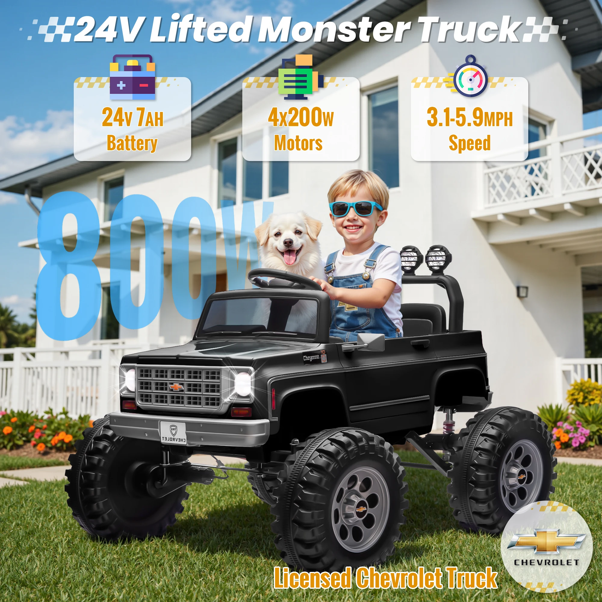 24V Ride on Car, Licensed Chevrolet Cheyenne Truck W/4X200W Motor, Remote Control, Decoration Streamer