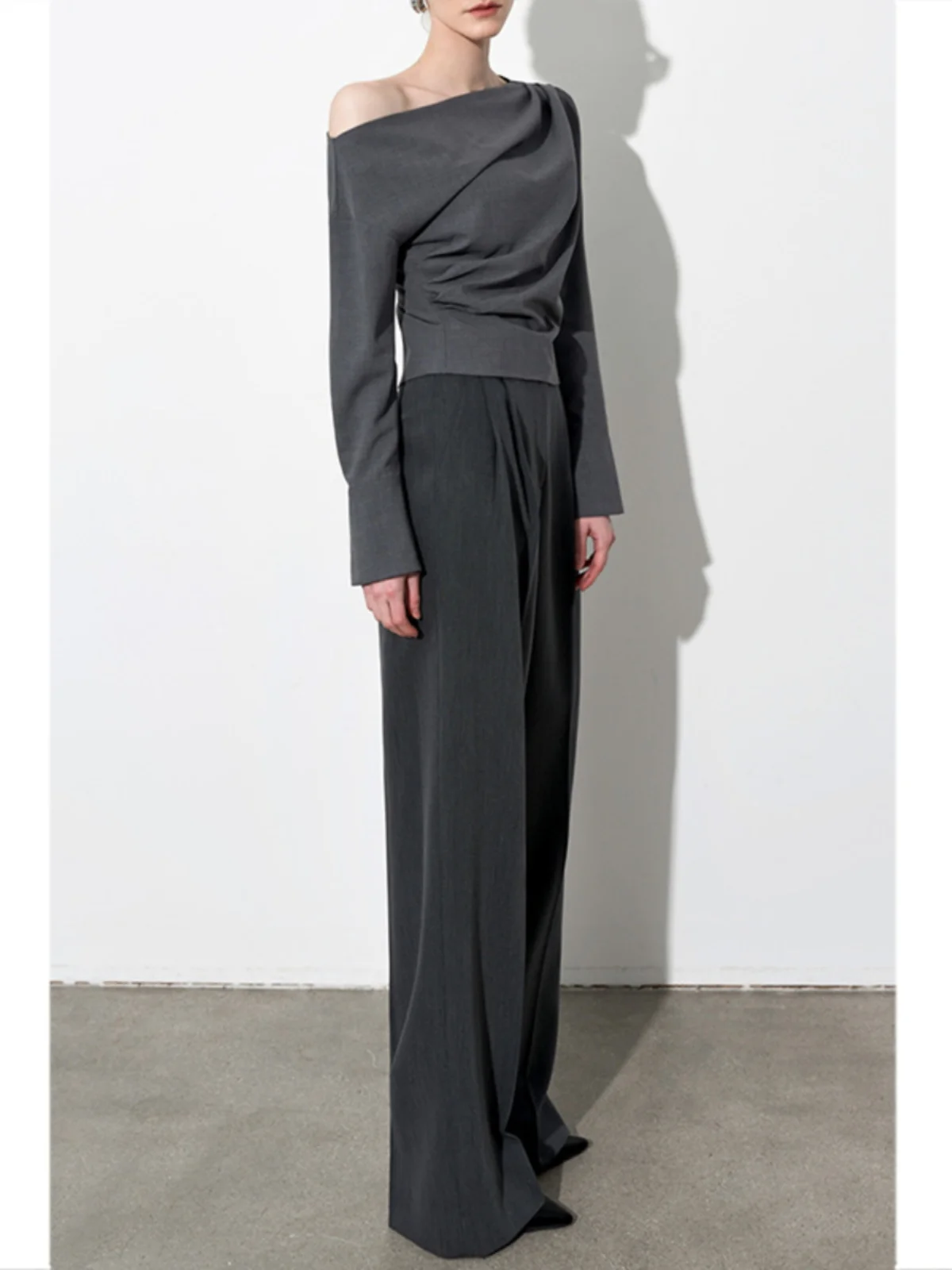 Deep Grey High Waist Draped Wide Leg Pants Women's Casual Straight Cut Long Trousers Pear Shape Body High End Sensation Suit ...