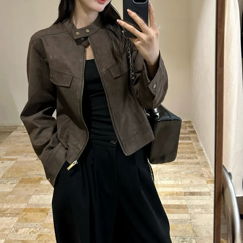 

Ele Retro Deer Skin Velvet Biker Jaet Women's ort Outerwear French Sle Stand Fit Other Material Long Sve Zipper