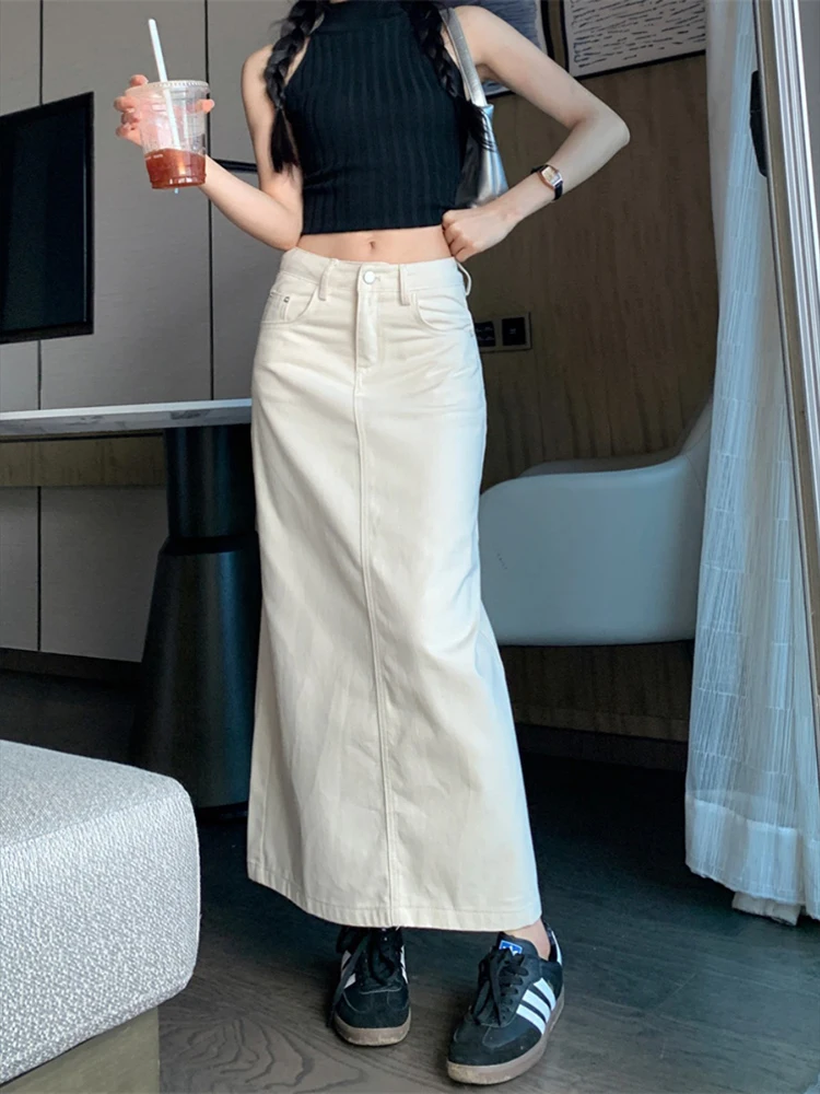 New White Straight Long Denim Skirt Women Vintage A-line Jeans Skirt Summer 2025 ZT247