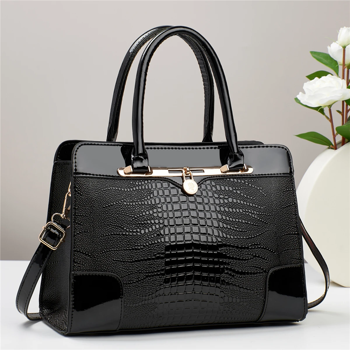 Trendy Crocodile Pattern Tote Bag, Portable Multi-pocket Shoulder Bag, Perfect Handbag For Commuting