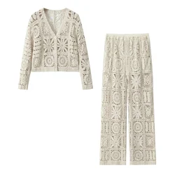 BWQ Spring/Summer New Women's Forest Style Lazy Hollow Hook Flower Knitted Cardigan Knitted Pants Set