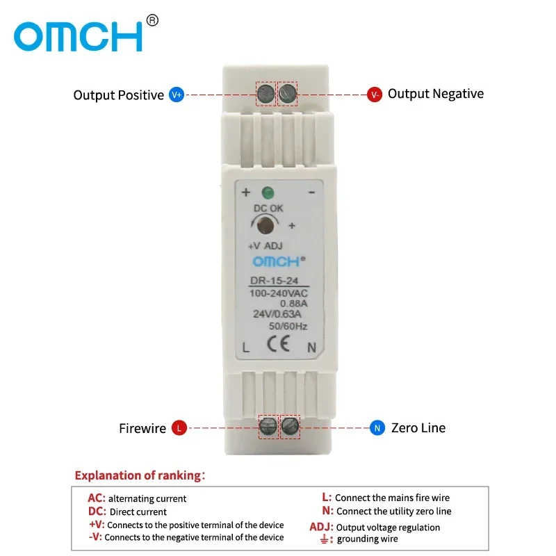 OMCH 15W DIN-Rail Switching Power Supply Single Output 5V 12V 24V AC DC Converter Power Switch Input 80-240VAC  CE