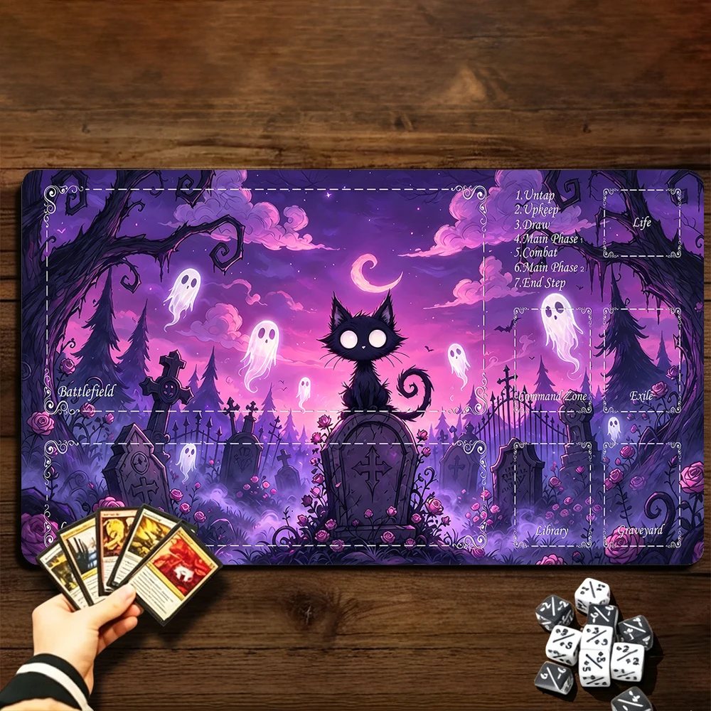 Gothic Black Cat and Ghost TCG Playmat Magic Playmat Gathering Gaming Mat with Stitched Edge Anti-slip base Trading Card Game