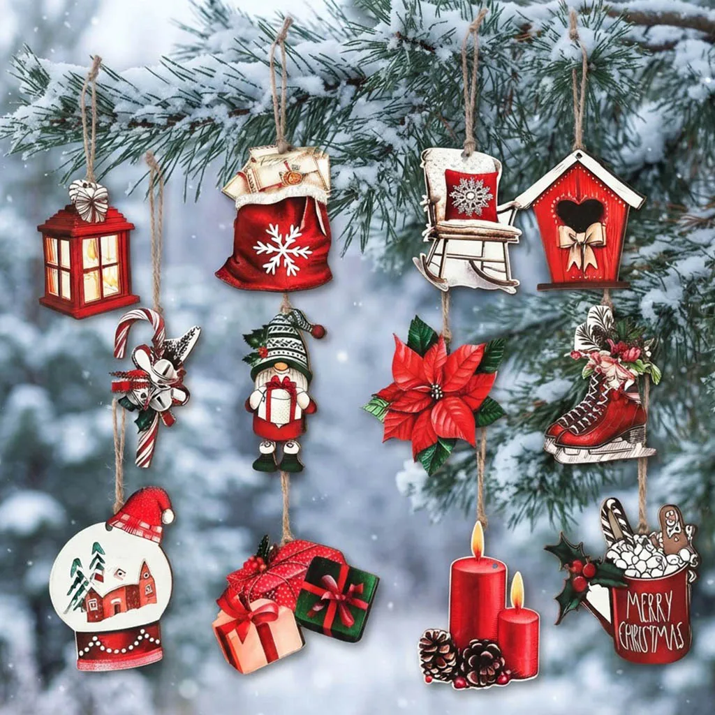 (12 Piece Set) 5.8-8.1cm Christmas Party Decoration Wooden Home Painting Wood Chips DIY Desktop Decoration Atmosphere Props