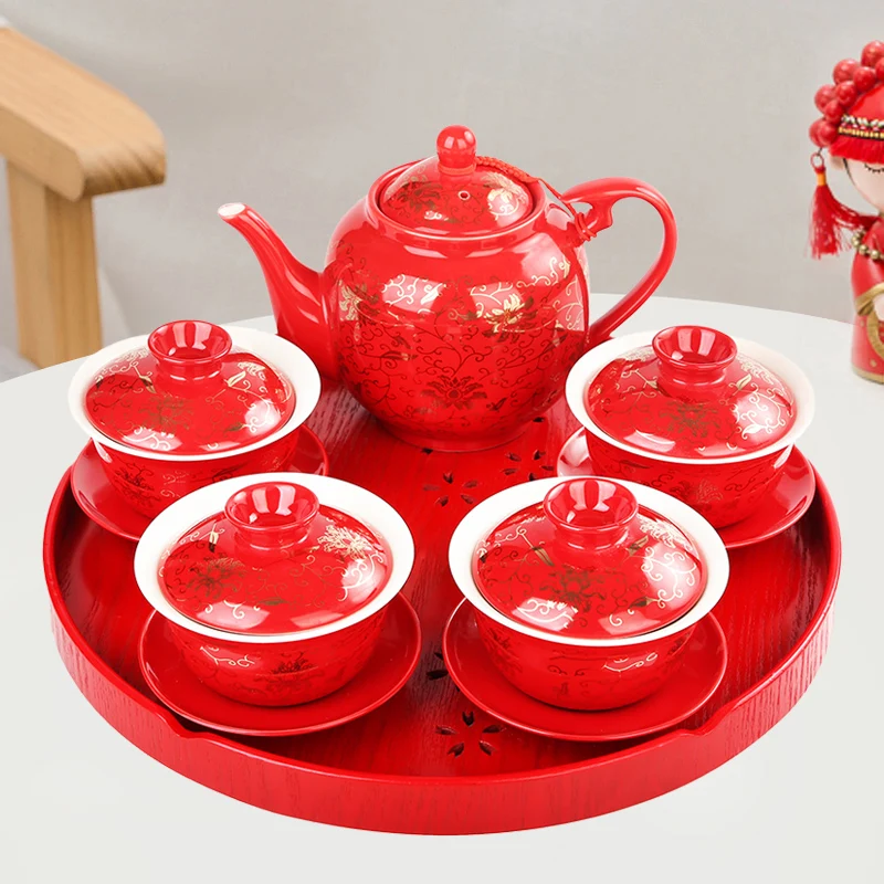 Imagem -02 - Chinês Fontes de Casamento Vermelho Conjunto Chá de Cerâmica Peças 570ml Bule Gaiwan Conjunto com Servindo Bandeja Chá Presente Porcelana