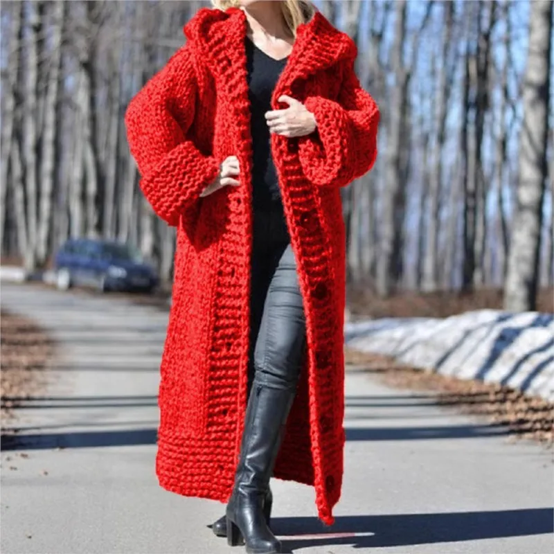 

Winter Warm Knitted Long Cardigan Sweater Women's Hooded Single Breasted Loose Large Size Sweater Jacket Prendas De Punto Nuevas