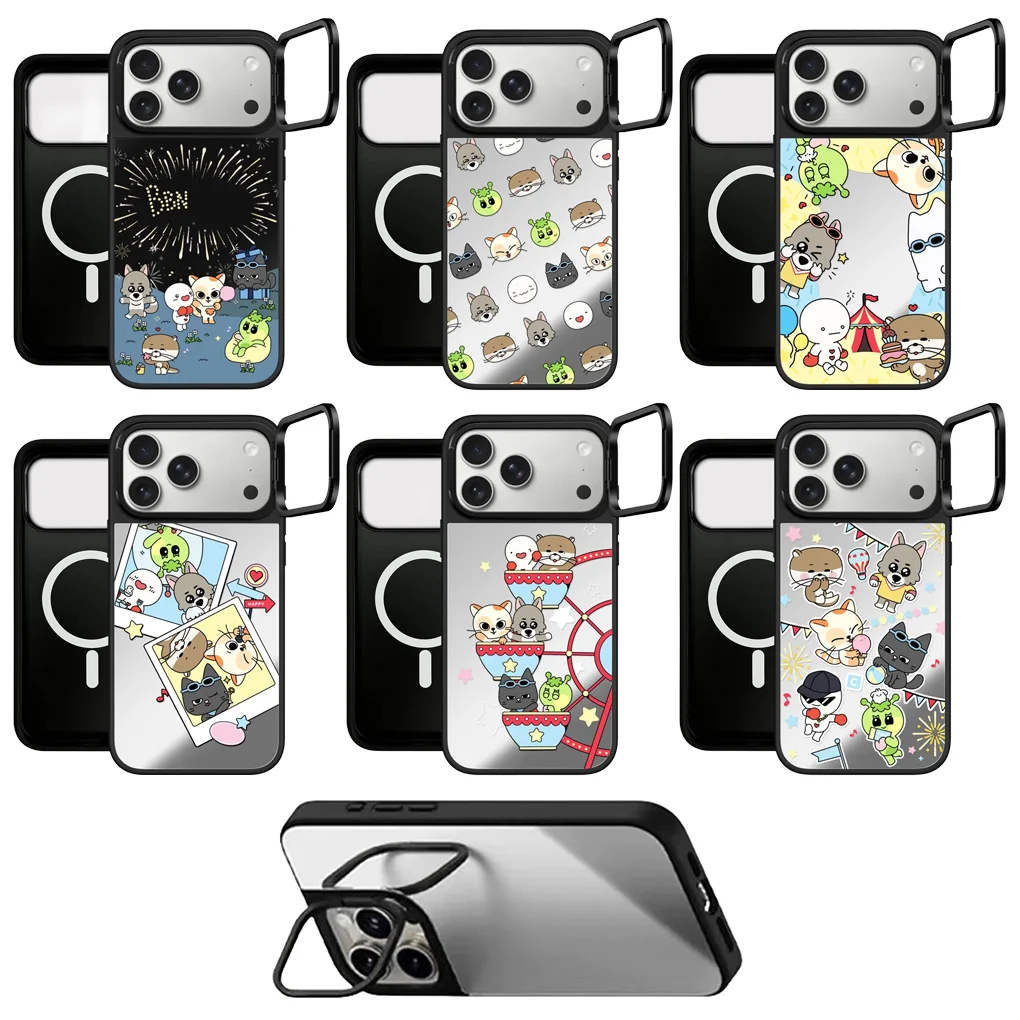 

Cartoon Meteor Shower Pattern Camera Ring Stand Mirror Surface Phone Cover for IPhone 14 15 16 17 Pro Max Case for IPhone 17Pro