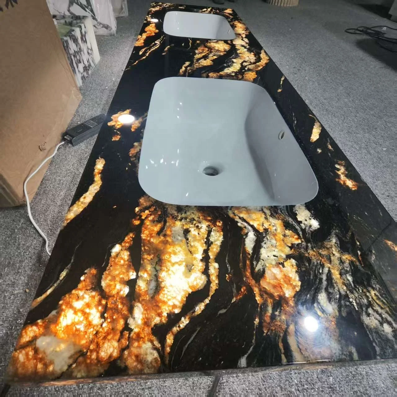 xx-Modern Black Gold Flower Marble Glow Double Slot Square Basin Wall Mount Hotel Use Bathroom Sink with 5 Year Warranty*