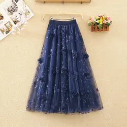 Moda elegante apliques bordado malha saia plissada senhora do escritório comute all-match elástico de cintura alta estéticas tornozelo saias