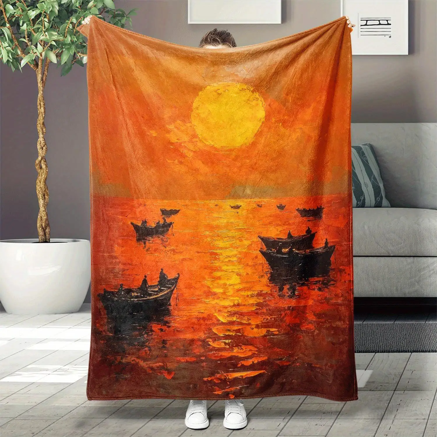 Heavyweight Flannel Throw Blanket - Vibrant Orange & Yellow African-Inspired Sunset Print with Boats & Figures - Tear-Res